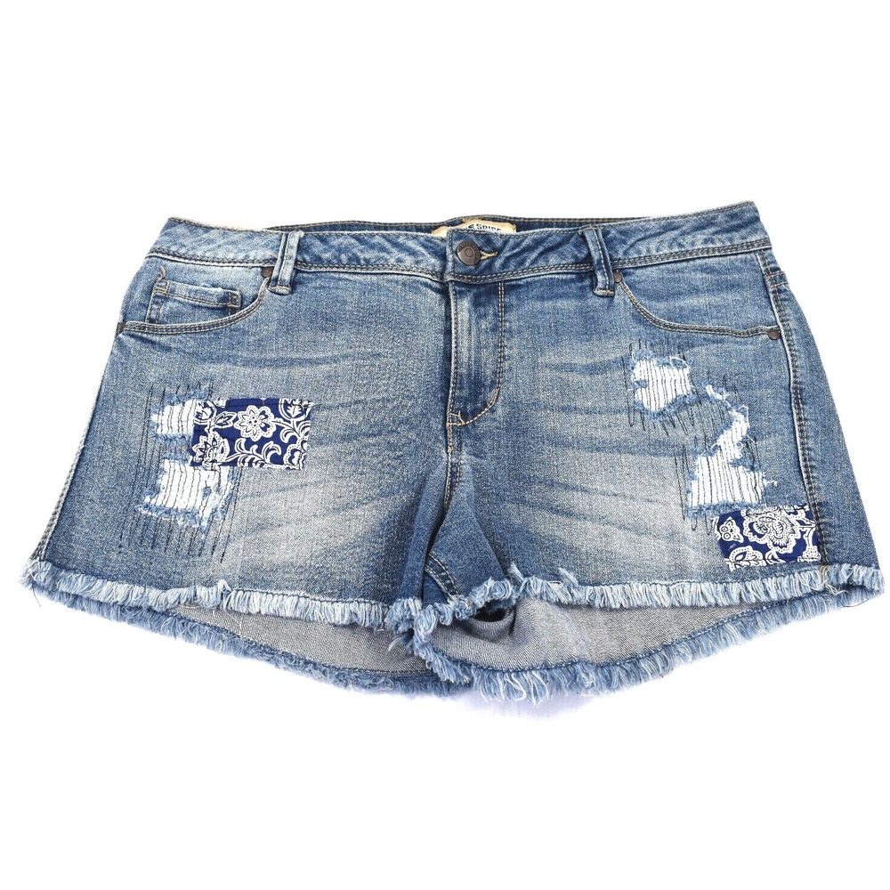 Blue Spice Womens Size 11 Stretch Cut Off Denim Jean Shorts w Pockets & Patches